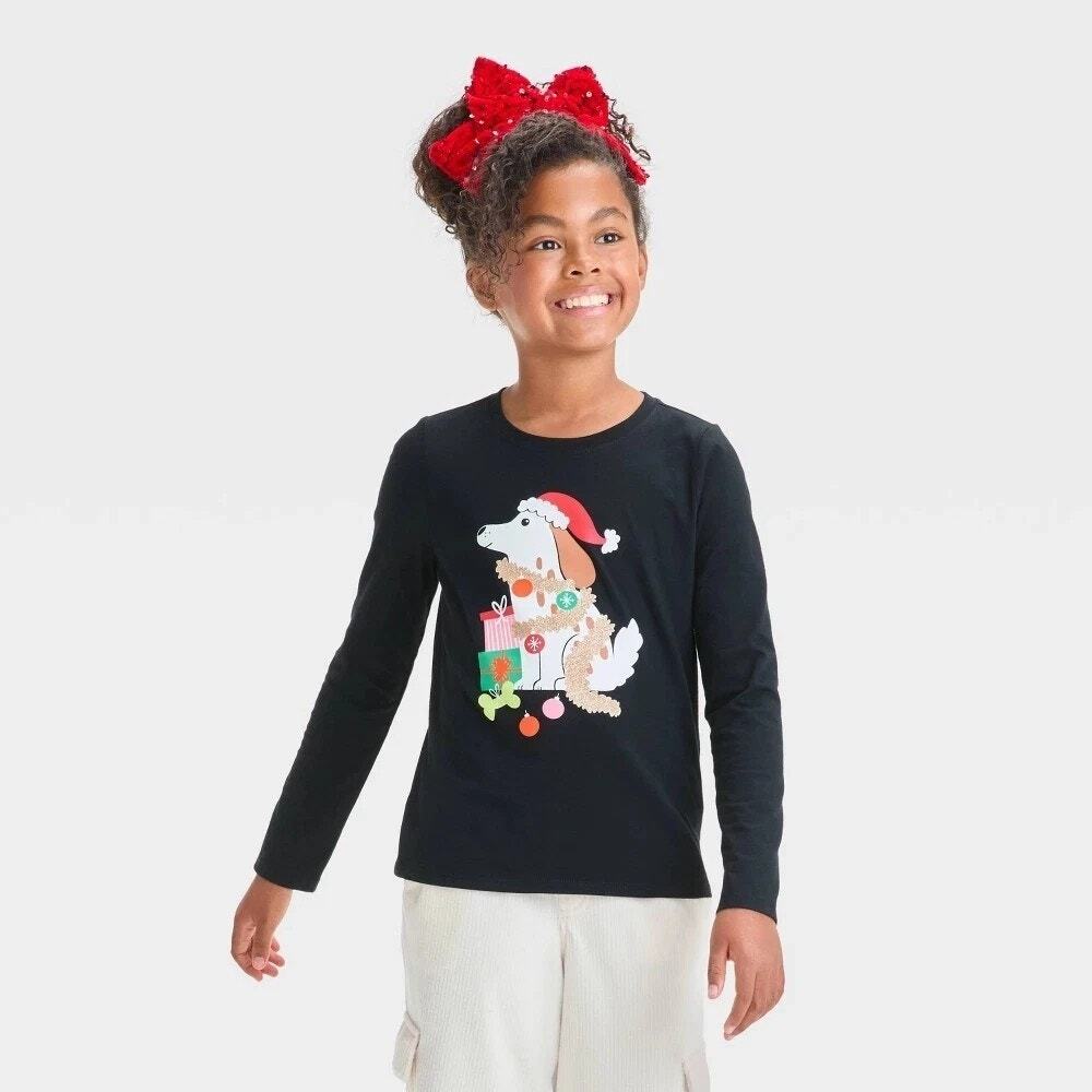 Cat & Jack Girl's Black Christmas Tee Long Sleeve Festive Dog Applique Size 6-7
